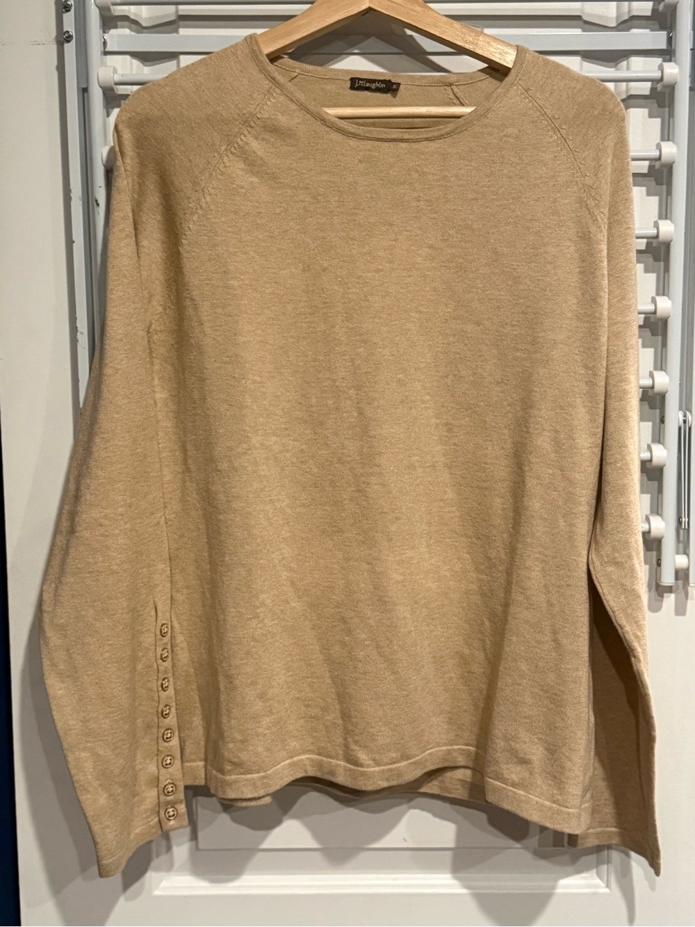 J. McLaughlin Beige Crewneck Sweater with Sleeve Buttons